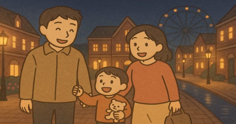 親子で夕暮れのハウステンボスを歩いているイラスト画像