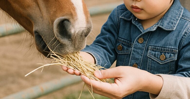 のんほいパークで馬に餌をあげる子どもの手元画像