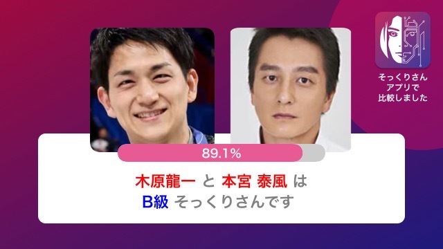第1位　木原龍一に似てる芸能人は本宮泰風さん（89.1％）