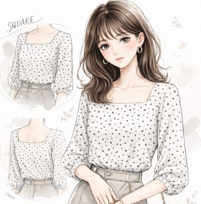 ② デコルテをきれいに見せるスクエアネック